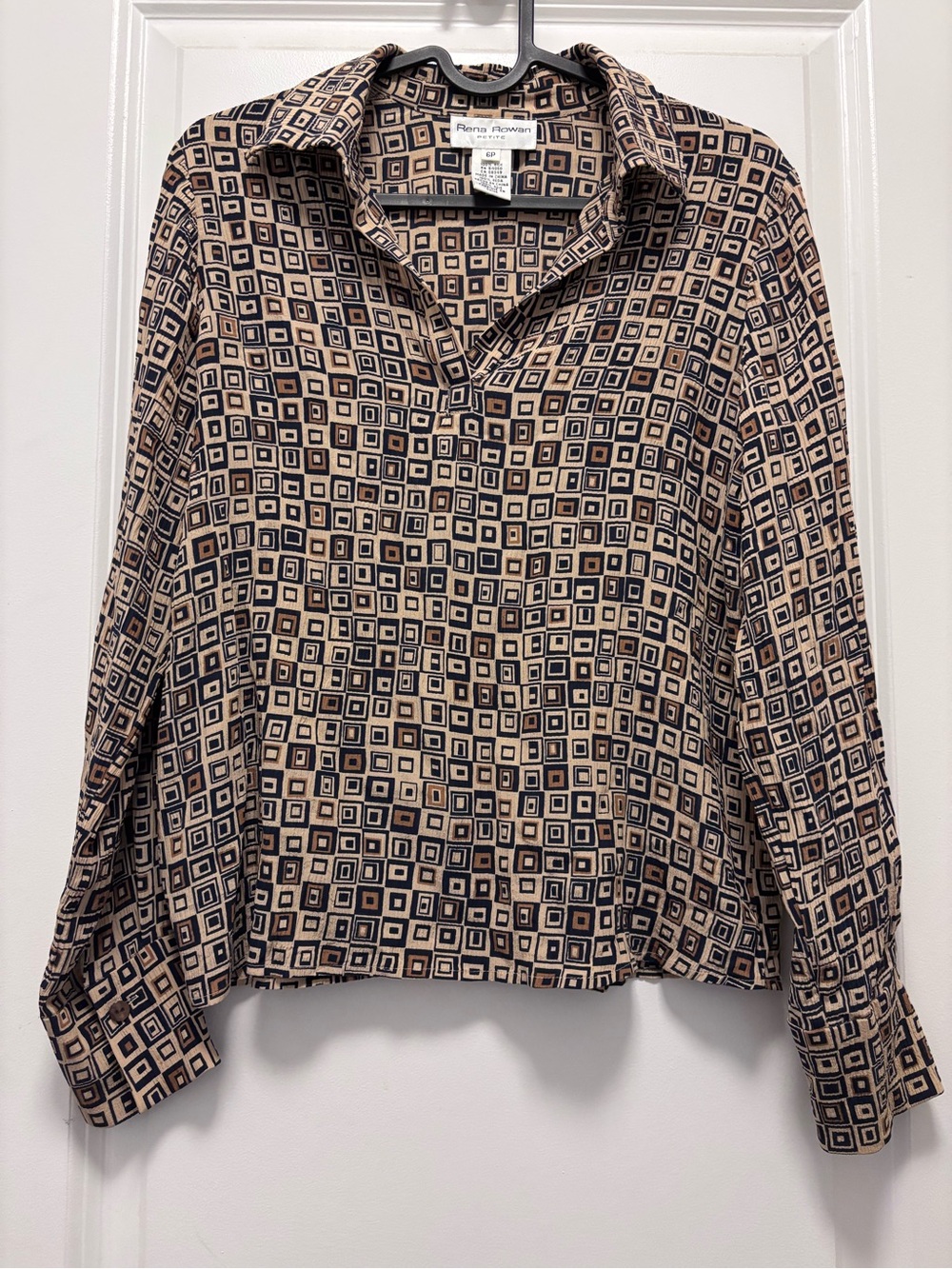 48. VTG SILK Rena Rowan Beige and Black Geometric Print Button-Down Shirt